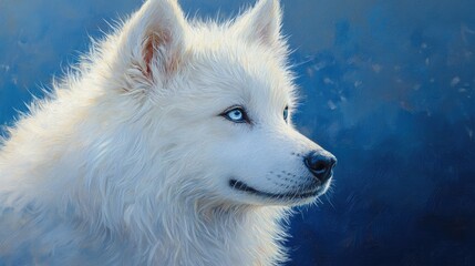 Obraz premium A close-up portrait of a fluffy white dog with striking blue eyes against a soft blue background.