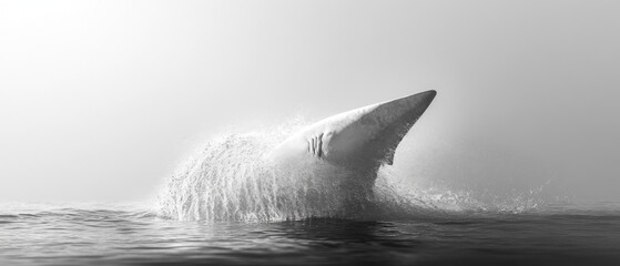 Fototapeta premium Monochrome photo of a shark leaping from the ocean, creating a splash.