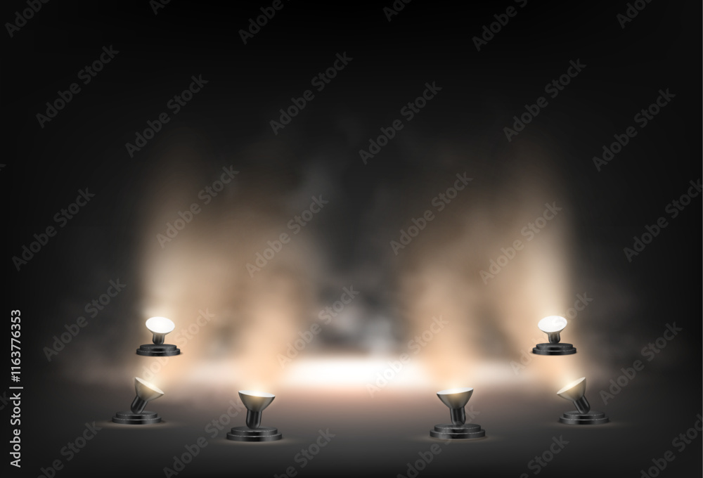 Aufkleber Smoke and dim lights on stage. Vector realistic empty podium for presentation of product. Mist and fog with lamps illuminating center of scene. Performance dramatic effect, scenery decor