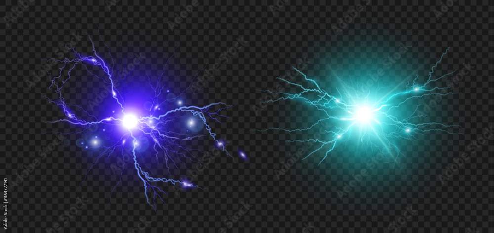 Poster Round lightning with sparks and thunderbolts. Vector isolated realistic set of powerful electrical discharge, plasmic spheres with energy and power. Forceful natural effect, plasma ball
