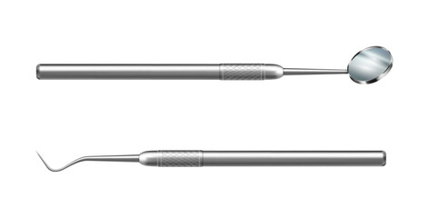 Tools and instrument for stomatologists and dentists. Vector realistic icons of sickle probes and mouth mirror for treatment of cavities and teeth problems. Examination and preventive checkup