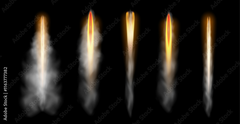Poster rocket fire and smoke trails. vector isolated set of realistic spacecraft startup launch mist and fi