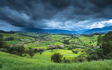 Obraz premium Dramatic storm clouds loom over a serene valley, showcasing lush green hills, farmland, and a charming village nestled within.