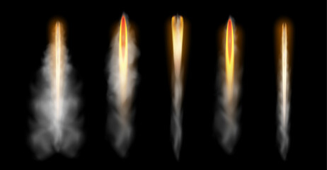 Rocket fire and smoke trails. Vector isolated set of realistic spacecraft startup launch mist and fire stream and vapor. Airplane shuttle contrails, missile trave in darkness, comet or asteroid © Sensvector
