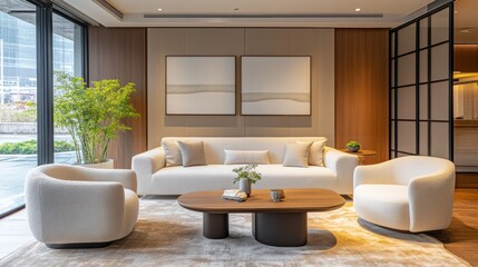 Chic minimalist japandi living room design urban apartment interior contemporary space wide angle elegance and simplicity