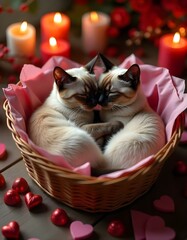 A pair of Siamese cats curled up together inside a heart-shaped basket surrounded by colorful Valentine's Day cards and chocolates under soft, warm candlelight.