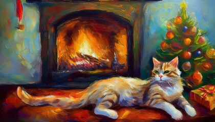 Generated imageHoliday Relaxation: A Cat by the Fireplace in an Oil Painting
