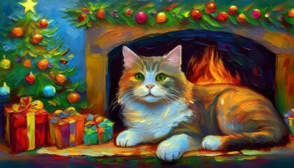 Generated imageHoliday Relaxation: A Cat by the Fireplace in an Oil Painting