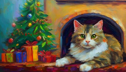 Generated imageHoliday Relaxation: A Cat by the Fireplace in an Oil Painting