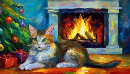 Generated imageHoliday Relaxation: A Cat by the Fireplace in an Oil Painting