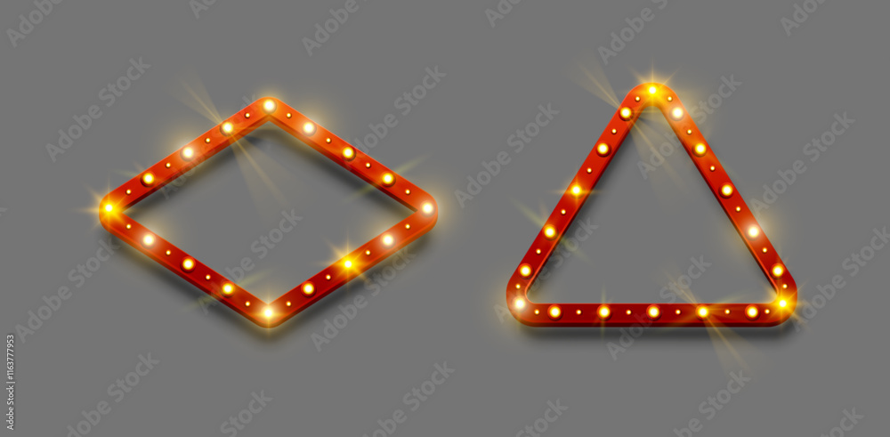 Poster Retro lightbox signboard with realistic lightbulb. Vector frames with electric light lamps for party poster or banner advertising. Vintage decoration in geometric form of rhombus and triangle
