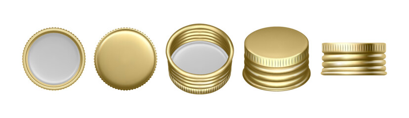 Screw cap for glass or plastic bottle, isolated gold realistic jar lids. Vector serrated metal top for closing containers with food or drinks. Set of blank packaging pieces, front and top, side view