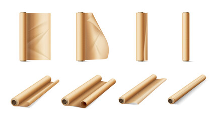 Baking paper roll, towels of recycling cooking wrapping parchment vector illustration. Cartoon bakery packaging, cooking wrapping paper scroll, bake package