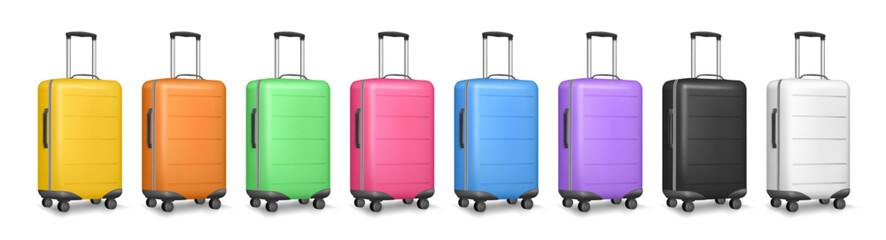 Voyage bag, travel suitcase with handle, handbags colorful set. Travel abroad accessories, handbag baggage element, holiday journey vacation suitcase. Realistic tourism bags, fashion luggages