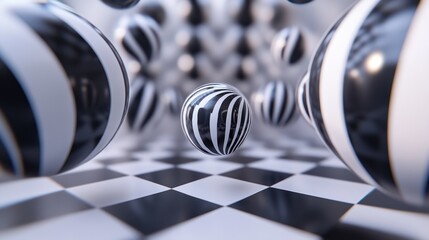 Abstract black and white striped spheres hover over a checkered floor.