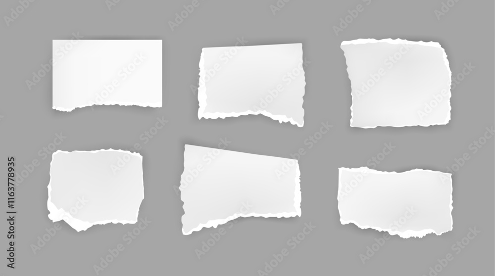Poster empty blank torn pages with uneven ends and edges. vector sheet of ripped pieces, squares and rectan