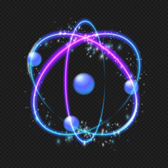 Structure of atom or neutron with lights. Vector design for educational displays, artistic installations or science themed decorations. Circular tech science, global orbit light effect neon particle © Sensvector