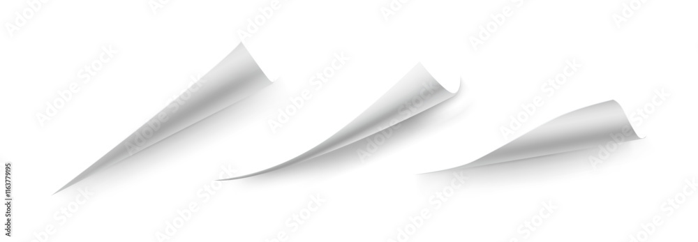Poster Curled corners of book leaf mockup. Vector a4 paper edges, curve pages endpoints and bent document angles with realistic shadow. Folded piece of blank sheet, rolled up or warped parchment or brochure