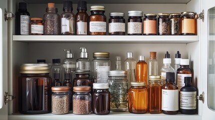 Organized collection of apothecary jars and bottles on shelves.