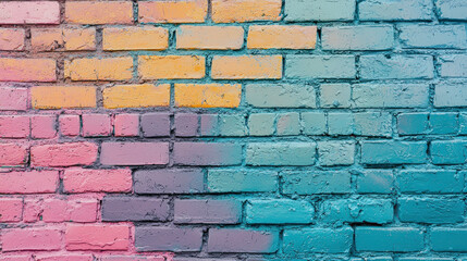 Fototapeta premium Colorful painted brick wall with a gradient of pastel shades from pink to orange to blue, creating a vibrant abstract background for creative projects