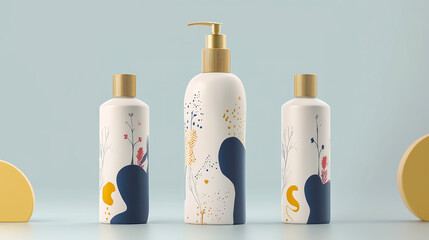 Elegant lotion design showcases smooth lines and delicate floral illustrations on chic bottles, perfect for enhancing any bathroom aesthetic with a modern touch