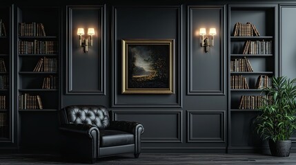 A sleek, atmospheric study room with dark gray walls, black leather armchair, and elegant brass sconces