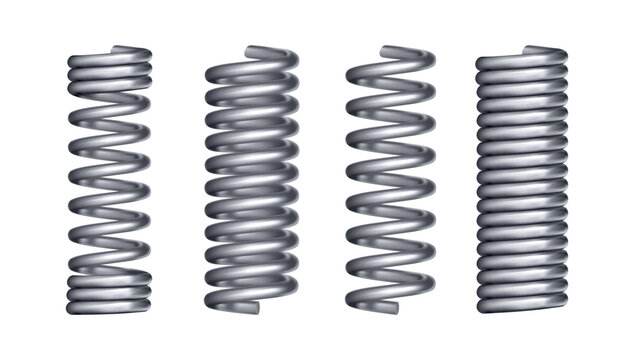 Metal springs, isolated realistic spirals different shapes and types. Vector icons of swirl line or curved wire cords, shock absorbers or equipment parts. Repair spare or flexible supplements