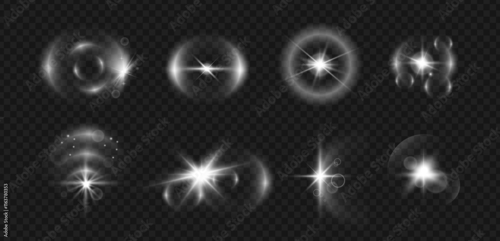 Poster Glowing camera lens flare with rays and circles. Vector isolated set of twinkles and glares. Flashes and spotlight decor, illumination texture or bokeh, halo and radiance light. Shiny circles