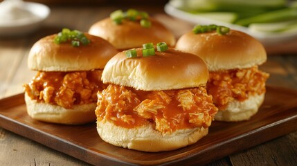 National Hamburger Month Delicious buffalo chicken sliders topped with green onions on a wooden plate