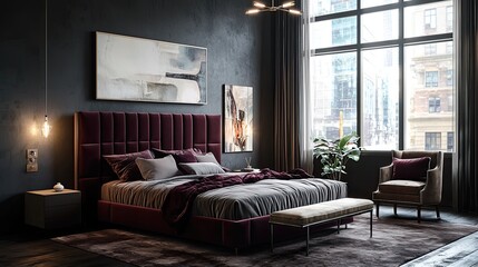 A sleek bedroom with a rich burgundy velvet headboard and footboard, dark gray walls, and a large window