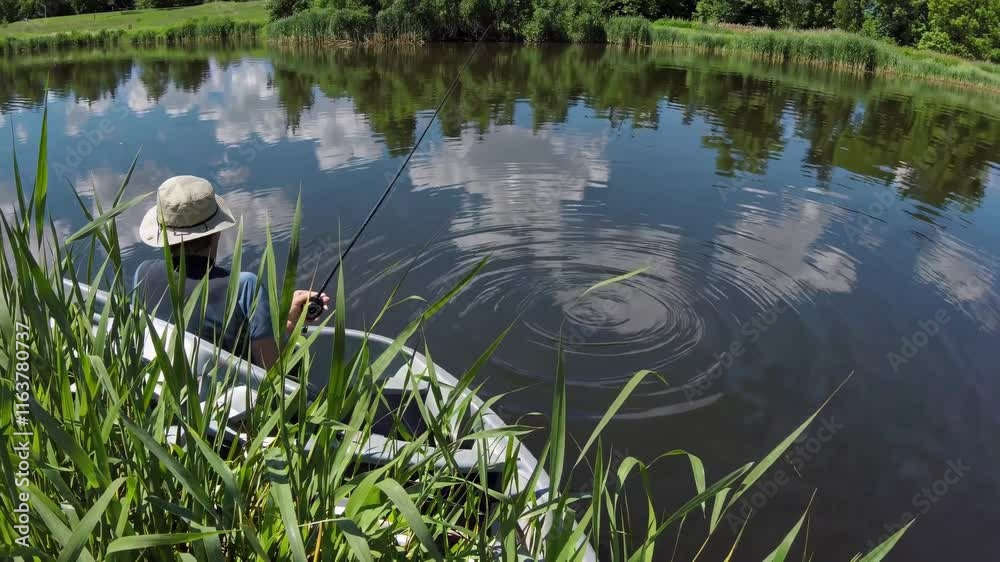 Aufkleber kayaking on a tranquil river surrounded by tall grass and reflecting clouds