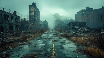 Fototapeta premium A desolate, ruined urban landscape, buildings decaying along a deserted road, a grim scene of post-apocalyptic destruction and decay, with a somber, haunting atmosphere, a forgotten world.