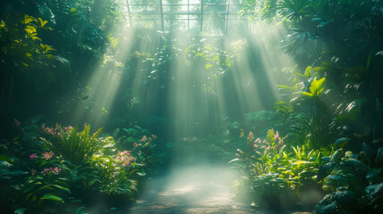 Obraz premium A futuristic botanical garden, with plants struggling amidst a smoky haze, a hauntingly beautiful scene of nature in a polluted environment, with ethereal light and a touch of mystery.
