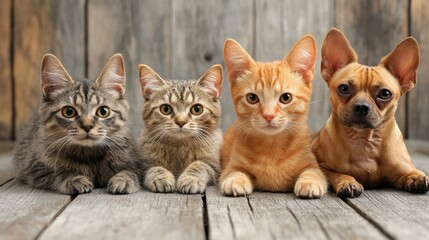 Pet Sitter Safety Month Adorable kittens and puppy on wooden floor: furry companions show playful poses