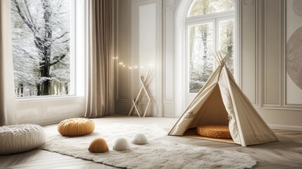 Cozy play tent in a child's room near large windows.