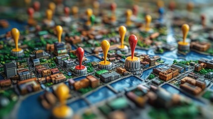 Colorful location pins on a detailed city map model.