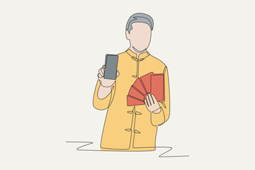 Colored man holding cellphone and red envelope. Digital red envelopes concept one-line drawing