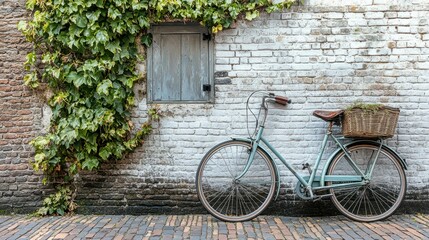 Vintage Bicycle Leaned Against a Whitewashed Brick Wall with Ivy