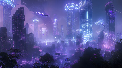 A Glimpse into a Parallel Reality: A Futuristic Skyscraper City Bathed in Eerie Blue Light with Hovering Vehicles