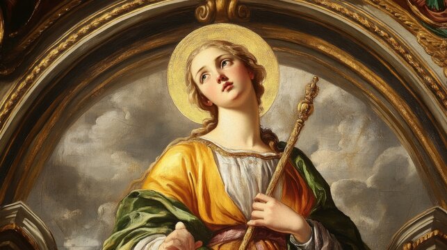 Feast of St Agatha Renaissance art: religious imagery of a saint with a gold halo and staff
