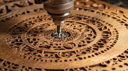 Intricate Wood Engraving Process with CNC Router Tool Close-Up