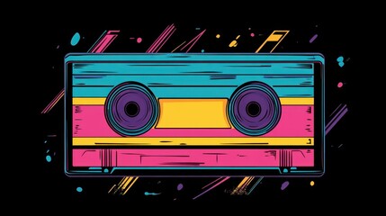 Retro cassette tape art with vibrant colors and geometric patterns