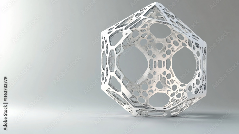 Poster A 3D hexagon with thin white outlines on a white background, featuring a modern and sleek design, creating depth and dimension with a clean, professional look.