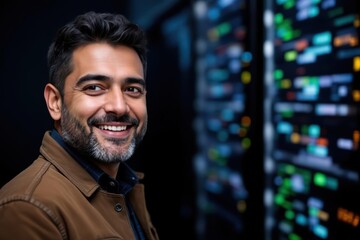 Fototapeta premium portrait of a smiling senior Paraguayan male IT worker looking at the camera, against dark server room background.