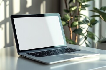 Sleek laptop rests on minimalist desk, sunlight casting gentle s