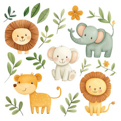 transparent Isolated Cute animal illustrations with foliage design. png illustration