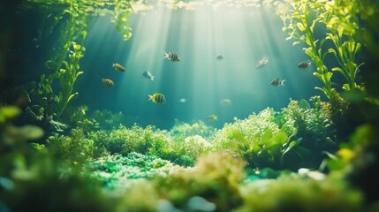 Fototapeta premium Sunbeams illuminate vibrant underwater scene with fish and plants.