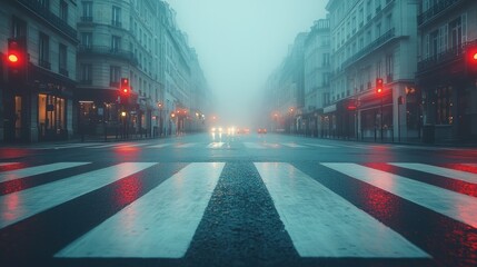 Foggy city street with traffic lights and crosswalk.