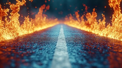 Fiery road, flames on asphalt.