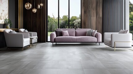 A sleek living room with light gray flooring and dark wood wall panels